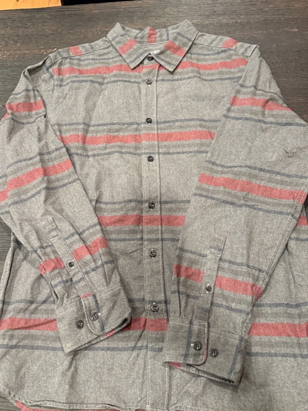 The North Face Gray Button-Down Shirt with Red & Dark Gray Stripes